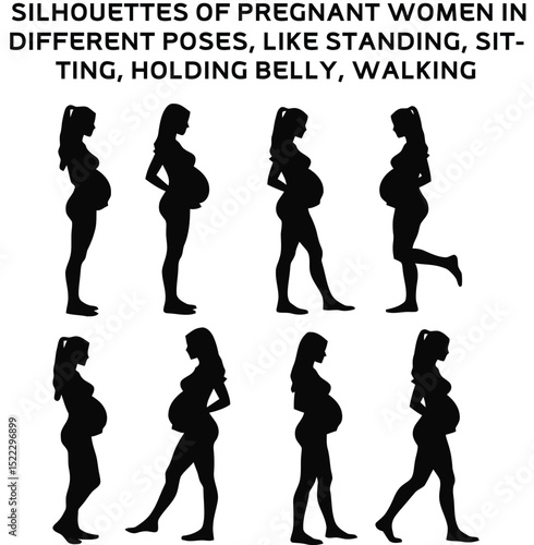silhouette of pregnant women in different poses, like standing, sitting, holding belly, walking