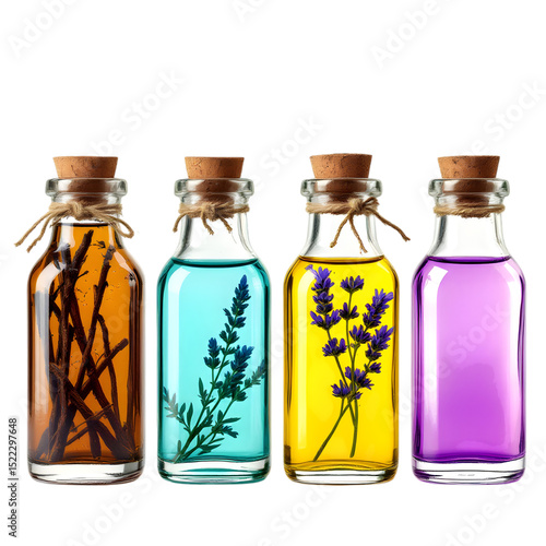 Four glass bottles filled with colorful liquids and botanical elements displayed nicely
