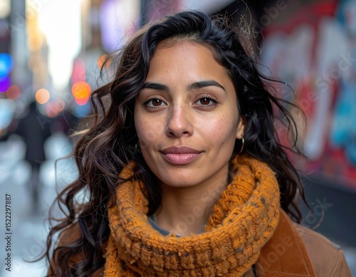 Portrait of a woman with wavy hair and a warm scarf standing confidently in an urban setting with blurred street lights and graffiti.