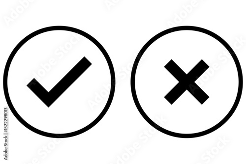 Set of tick mark and cross mark isolated in black colour and stroke with white background, check and cross mark icon set. checkmark and x mark icon use for apps and website. checkmark, icon, vector.