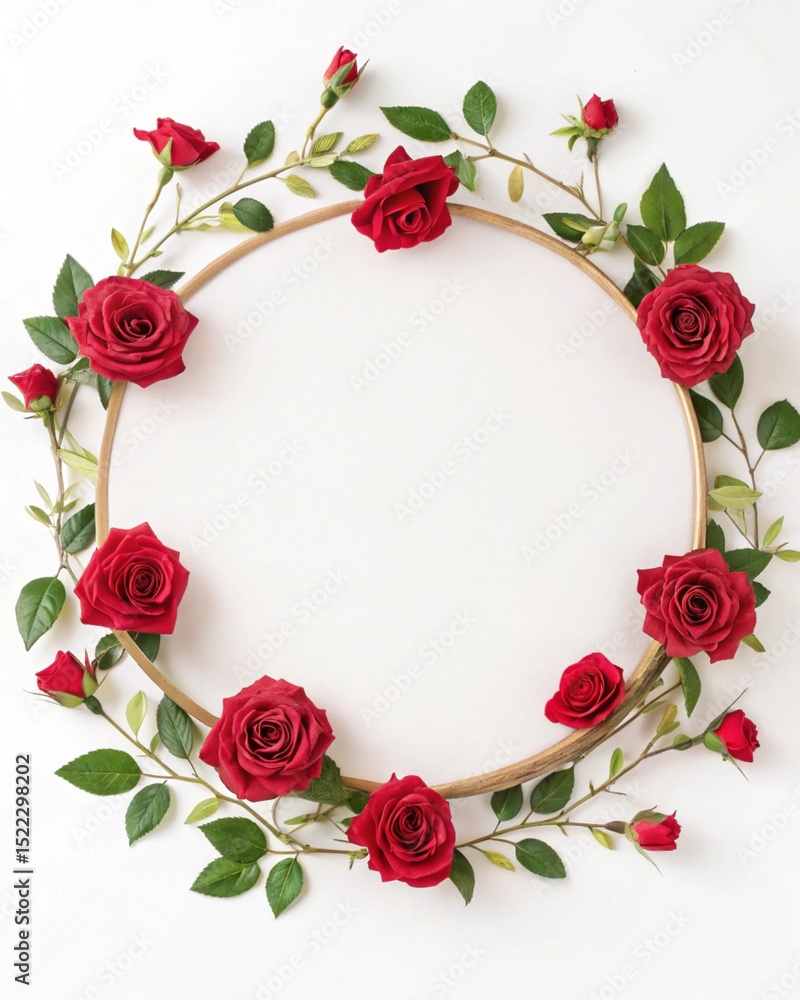 white circle frame with red rose decoration on isolated white background white circle frame with red rose decoration on isolated white background