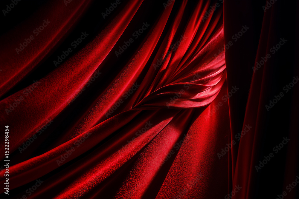 Fototapeta premium Dramatic red curtain with folds and lighting. Suitable for stage background, theater promotions, posters with text or performance intros.