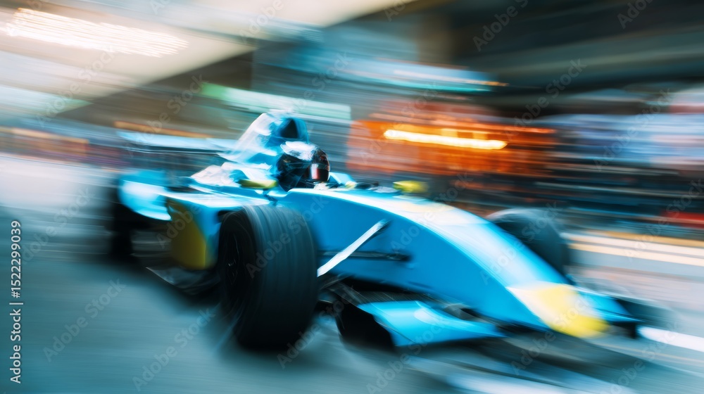 Obraz premium Close-up of a racing car speeding on the track with motion effect and vibrant colors, showcasing speed, adrenaline, and high-performance motorsports competition.