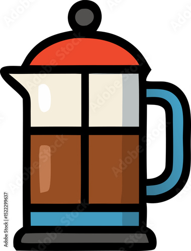 Coffee press illustration bold design with red lid and brown coffee