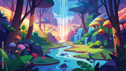 Colorful fantasy forest landscape with waterfall and river