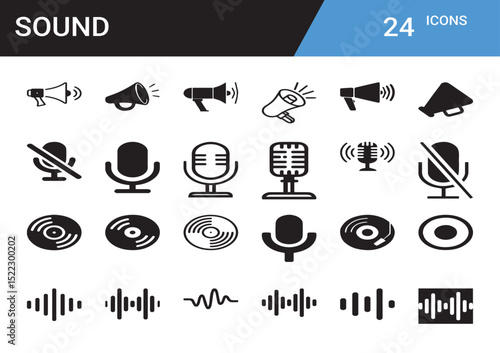 Iconic Soundscape: An elegant suite of 24 meticulously designed sound icons, each a symbol of audio technology and sonic expression. Perfect for web design, presentations, or creative projects.