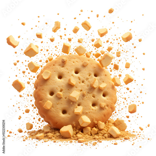 A single cracker with small cheese cubes floating around it on a black background
