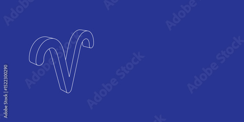 The outline of a large zodiac aries symbol made of white lines on the left. 3D view of the object in perspective. Vector illustration on indigo background