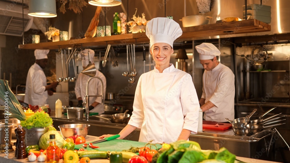 custom made wallpaper toronto digitalPortrait of professional caucasian female chef posing in kitchen of fancy restaurant looking at camera smiling. Pretty cute successful woman working as cook cooking tasty food. Cooking concept.
