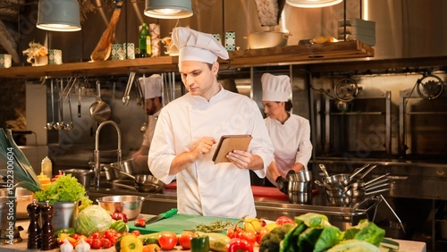 Wallpaper Mural Portrait of attractive professional chef looking at tablet searching for recipe for salad. Handsome young cook cooking at modern restaurant kitchen with fresh vegetables and ingredients. Torontodigital.ca