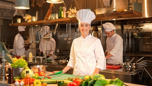 Portrait of professional caucasian female chef posing in kitchen of fancy restaurant looking at camera smiling. Pretty cute successful woman working as cook cooking tasty food. Cooking concept.