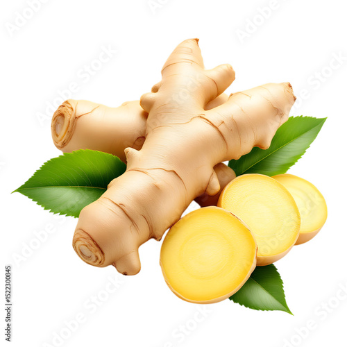 A close up of ginger root with slices and green leaves on a black background studio