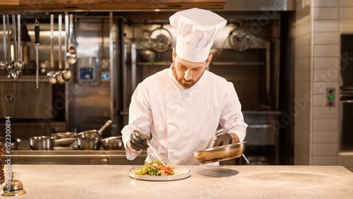 Portrait of skillful professional caucasian chef in white uniform and gloves decorating delicious salad adding shrimps. Handsome cheerful male cook with beard enjoying cooking at kitchen.