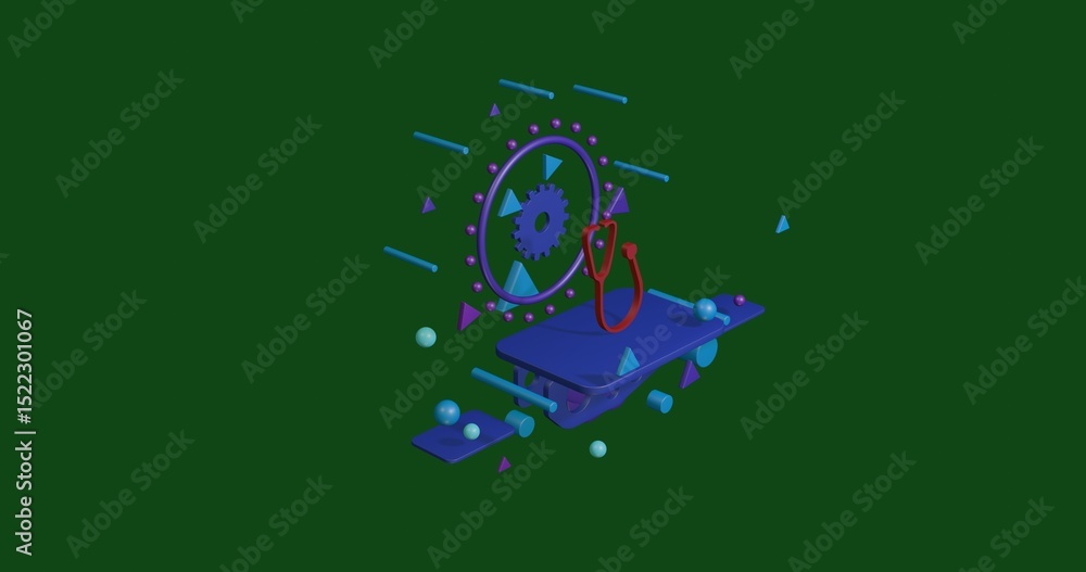 Obraz premium Red stethoscope symbol on a pedestal of abstract geometric shapes floating in the air. Abstract concept art with flying shapes in the center. 3d illustration on green background
