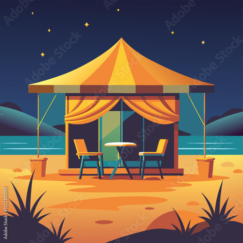 Beachside dining tent at night under the starry sky vector