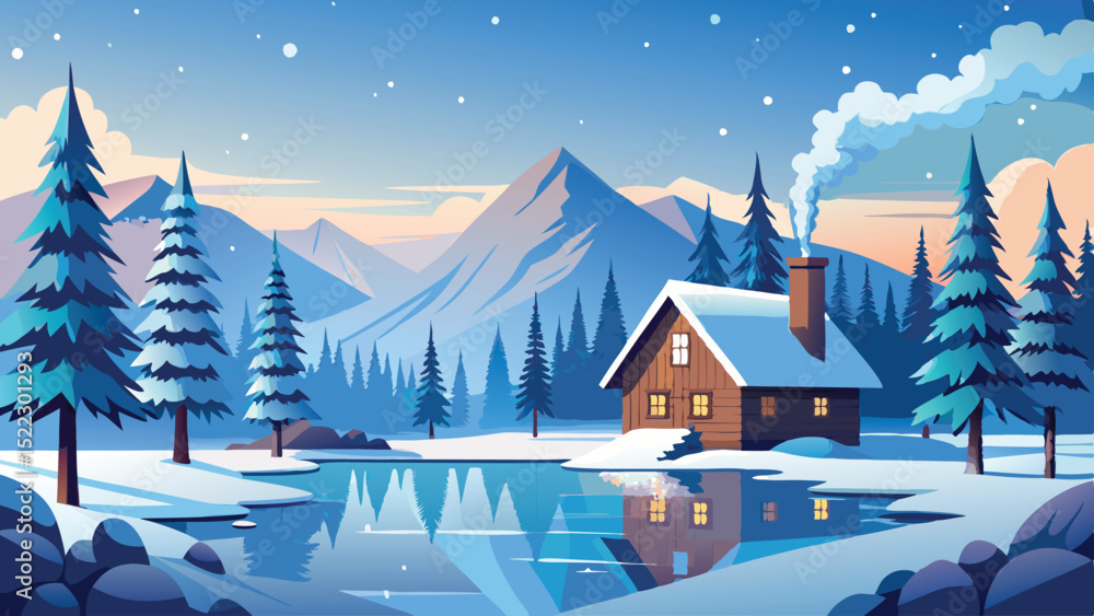 Naklejka premium Winter cabin landscape illustration snow scene background