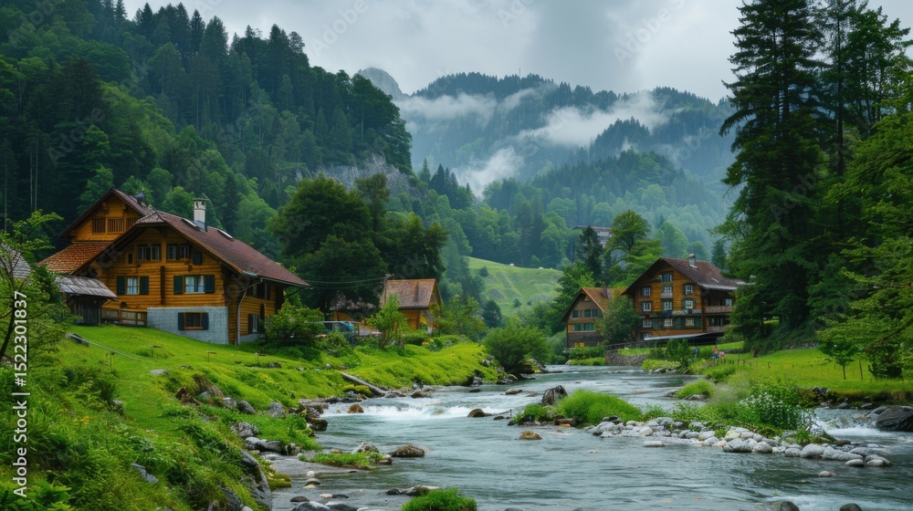 Fototapeta premium Serene Swiss Landscape: River Stream, Charming Houses & Alpine Beauty