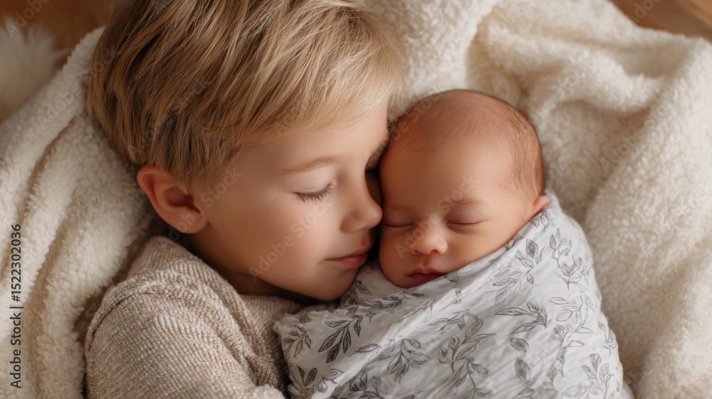 A young boy is holding a sleeping baby in his arms A young boy is holding a sleeping baby in his arms