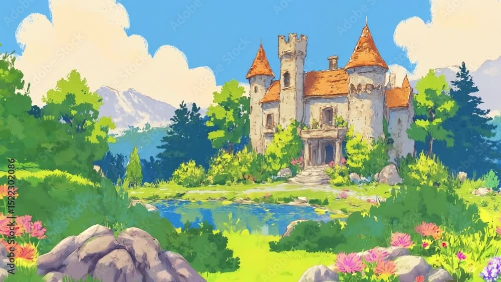 Fantasy fairytale medieval house cartoon background. Magic princess palace near lake landscape illustration