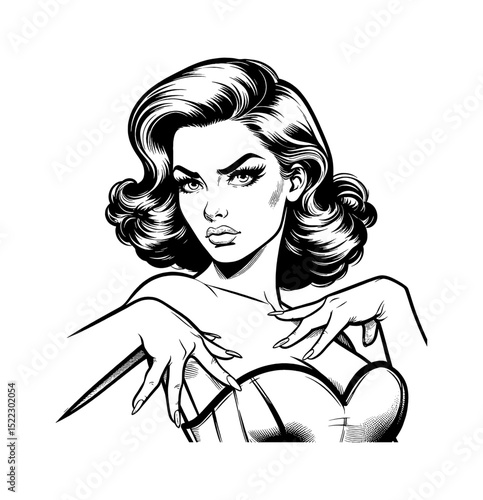 Confident Caucasian Woman with Hands Up Vector Illustration Black and White Pinup Style