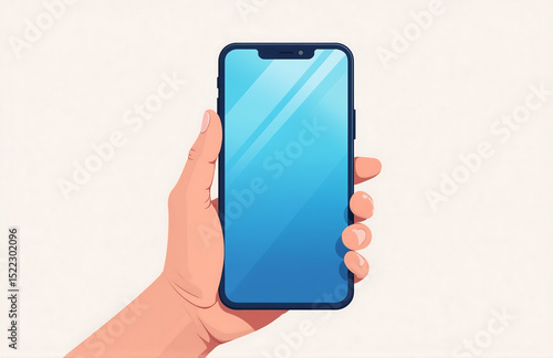 hand grasps phone blue glass screen subtle light reflection flat design illustration