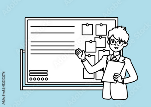 ホワイトボードを使って説明する若いビジネスマン（モノクロ）
