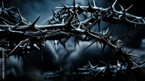 Close up of thorny branches woven together creating a painful looking crown. Spikes protrude creating a dark symbolic depiction.