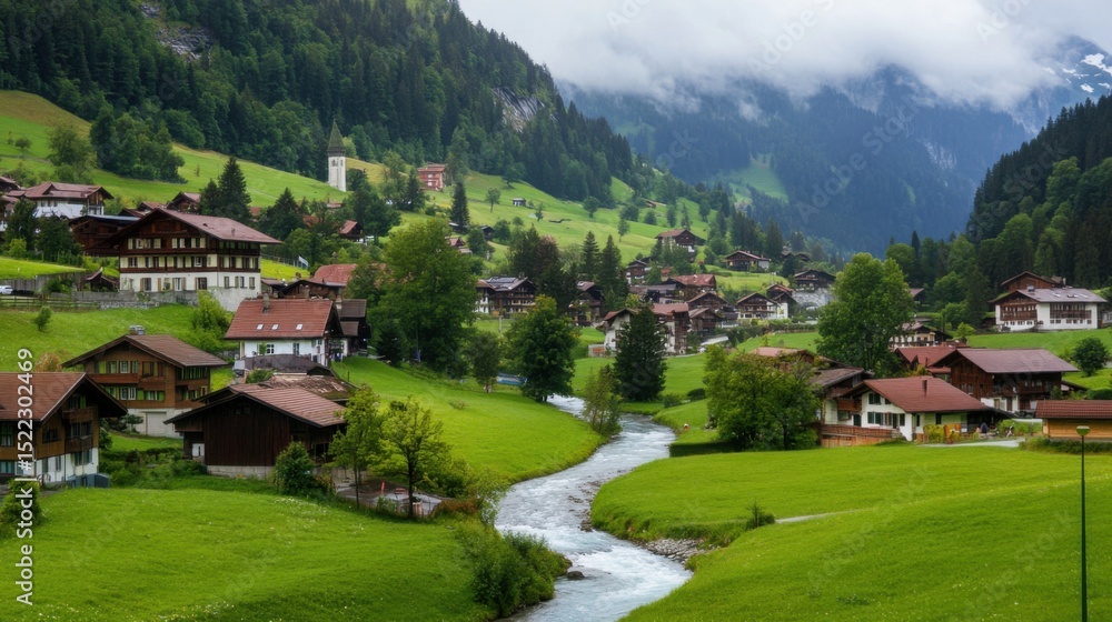 Obraz premium Serene Swiss Landscape: River Stream, Charming Houses & Alpine Beauty