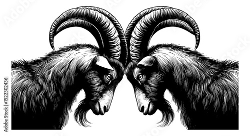 Two Goats Head to Head in Black and White Detailed Engraving Style Illustration