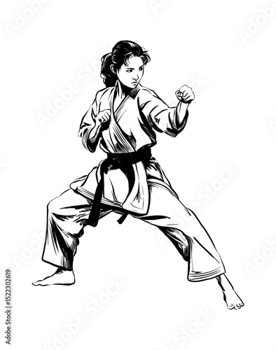 Woman in Karate Stance Wearing Gi with Black Belt in Vector Illustration