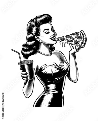 Pinup Woman Enjoying Pizza and Drink in Black and White Engraving Style Illustration