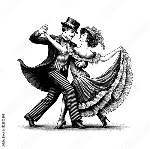 Elegant Couple Dancing in Formal Wear, Engraving Style Illustration, Black and White Image