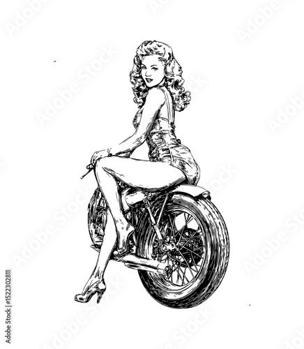Beautiful Pinup Woman Sitting on Motorcycle with Confident Smiling Expression in Black and White Drawing