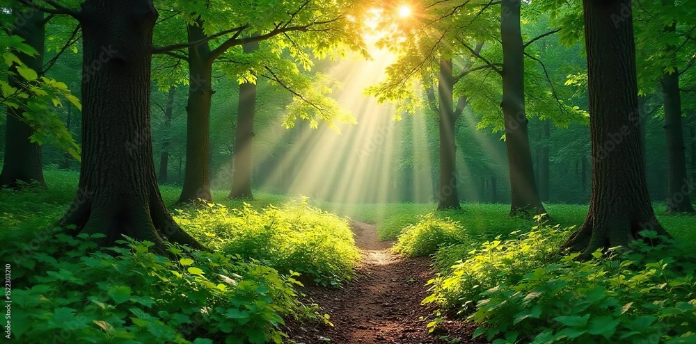 Obraz premium Sun-dappled forest floor, lush green undergrowth, sunlight filtering through leaves, peaceful woodland scene Perfect for nature, environmental, and tranquility themes , calm, mossy, landscape