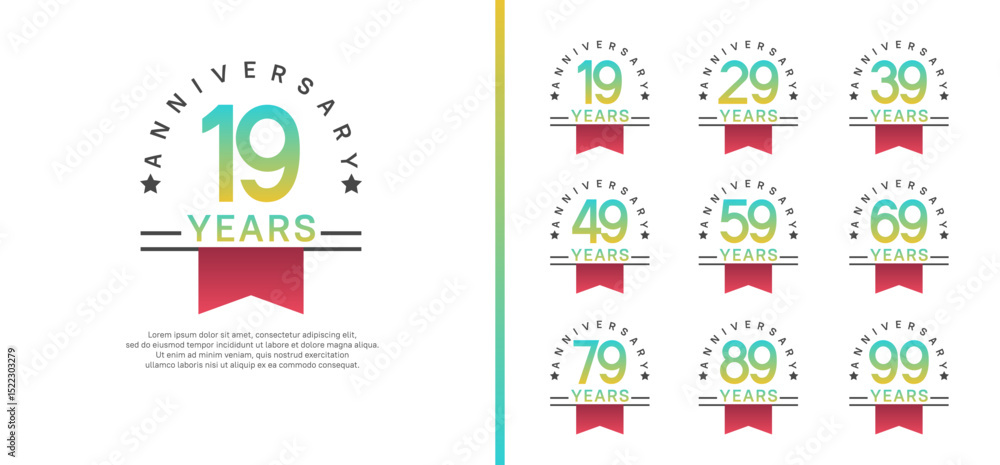 set of anniversary logo style with red ribbon. vector design blue color for celebration set of anniversary logo style with red ribbon. vector design blue color for celebration