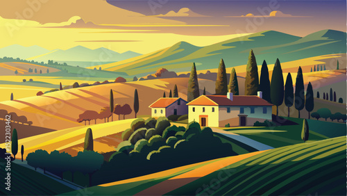 Beautiful tuscany landscape painting scenic countryside view