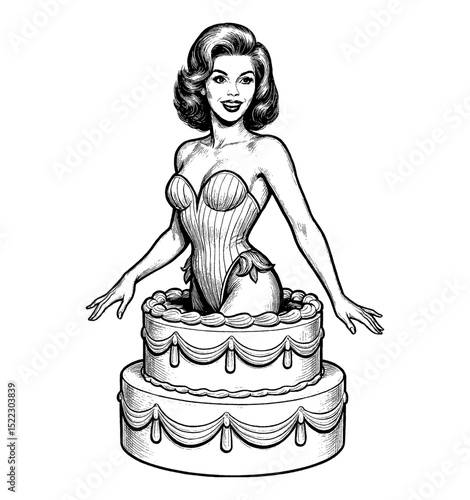 Smiling Caucasian Woman in Corset Emerging from a Cake, Black and White Engraving Style