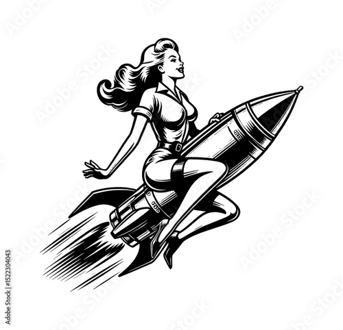Pinup Woman Riding Rocket with Confident Look in Black and White Line Art