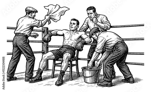 Boxer Resting on Chair with Coaches, Weary Expression in Black and White Vintage Detailed Illustration
