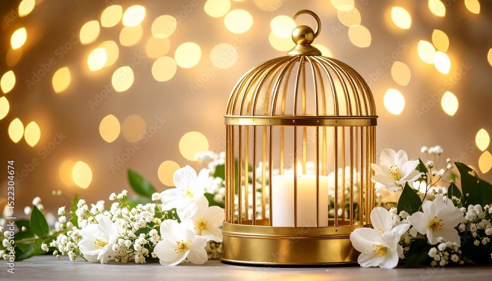 Fototapeta premium Golden Birdcage with Candle and Flowers