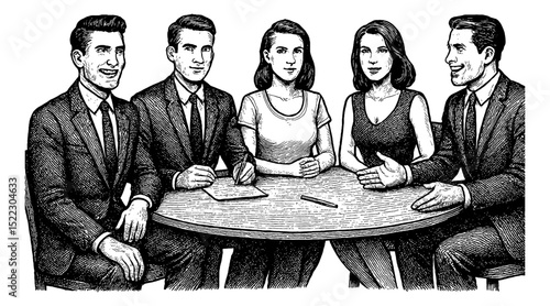 Diverse Group Meeting at Round Table, Engraved Illustration of Business Team Collaboration