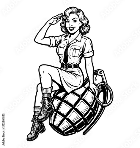 Smiling Pinup Woman Saluting While Sitting on a Grenade in Black and White Line Art
