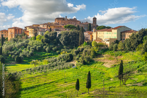 Lari old village skyline and the surrounding countryside. Casciana Terme Lari, Tuscany, Italy