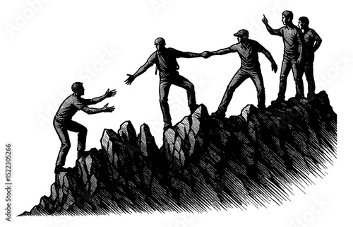 Teamwork concept of people helping each other to climb on mountain peak, illustration