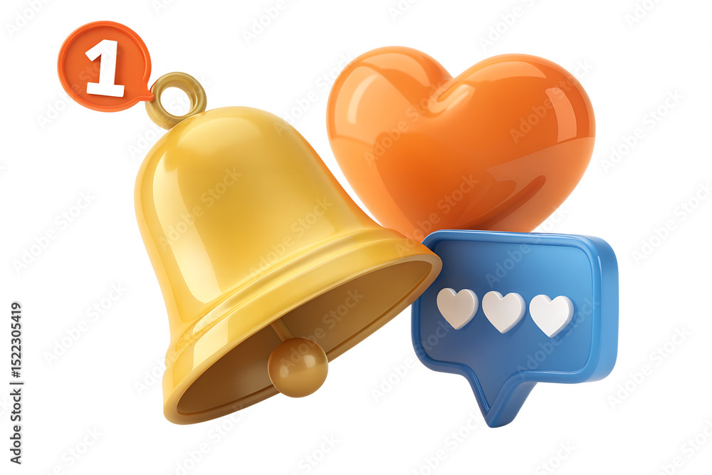 Fototapeta premium Notification Bell, Heart, and Likes 3D Render of Social Media Icons