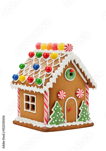 Isolated Gingerbread House With Icing And Candy Christmas Decoration
