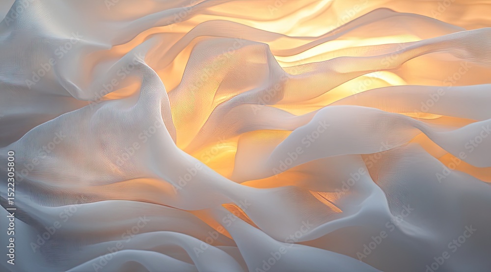 Fototapeta premium Soft, flowing white fabric draped, lit by warm light