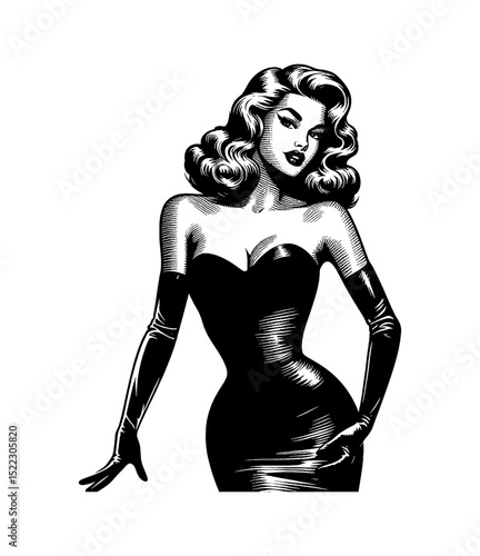 Glamorous Woman in Latex Dress and Gloves with Wavy Hair in Engraved Style