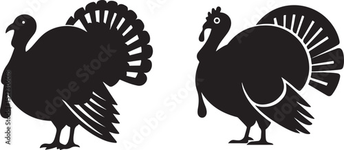 Set of Two Black Turkey Vector Silhouettes for Thanksgiving and Holiday Designs
