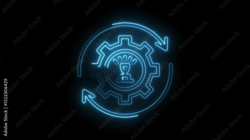 Blue neon glowing mechanical gear rotating with a trophy concept animation on black background Blue neon glowing mechanical gear rotating with a trophy concept animation on black background